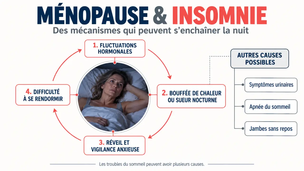 Infographie expliquant le lien entre ménopause et insomnie et les causes des réveils nocturnes