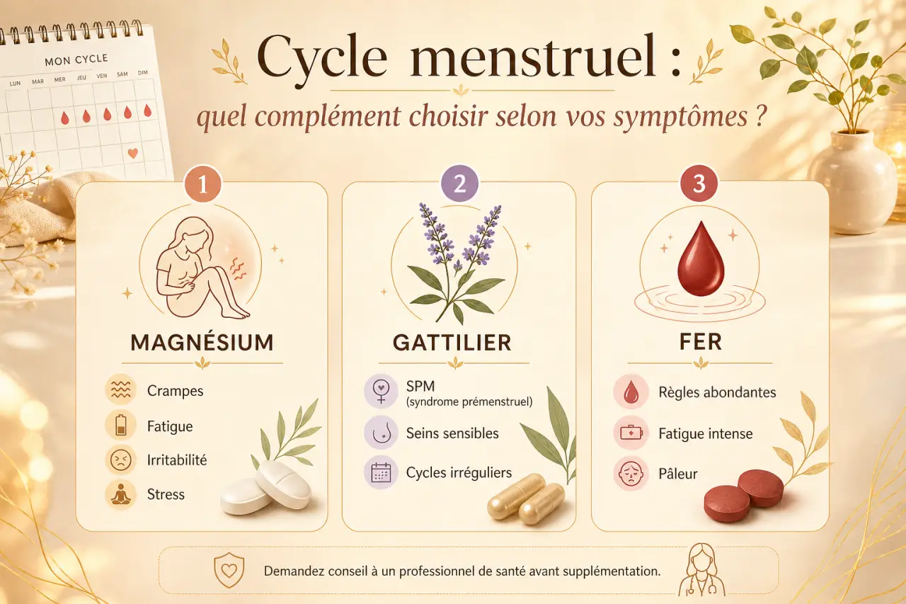 Cycle menstruel : quel complément choisir entre magnésium, gattilier et fer selon vos symptômes ?