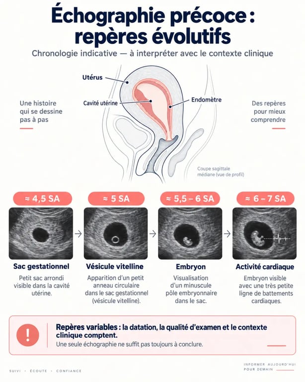 Schéma de l'évolution du sac gestationnel, de la vésicule vitelline et de l'embryon à l'échographie précoce
