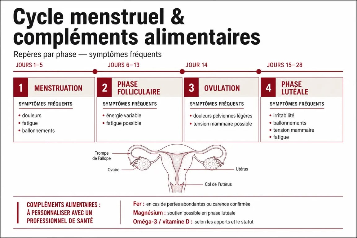 Complément alimentaire cycle menstruel : infographie des 4 phases du cycle et des symptômes fréquents