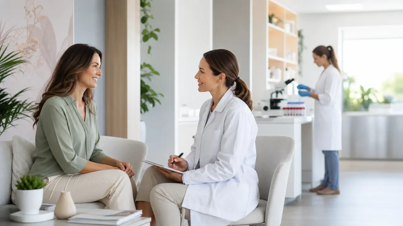 Patiente et médecin échangeant dans un cabinet gynécologique moderne et lumineux