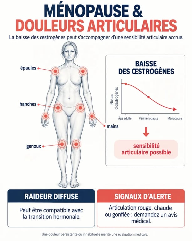 Infographie sur les douleur articulaires ménopause et les signes d’alerte à surveiller