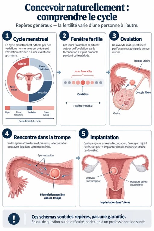 Comment faire pour tomber enceinte : illustration de la fenêtre fertile, de l’ovulation et de la fécondation