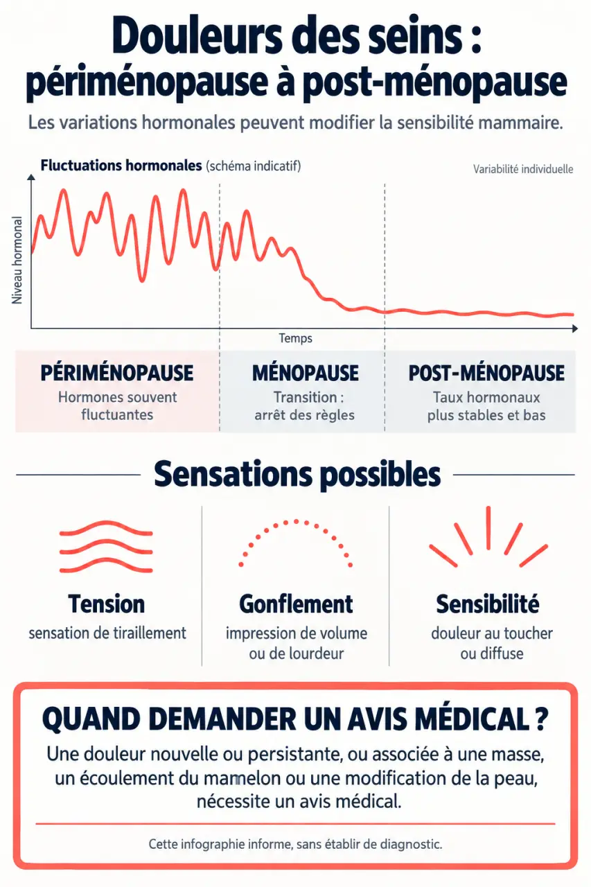 Infographie sur les douleurs sein menopause et les différences entre périménopause, ménopause et post-ménopause