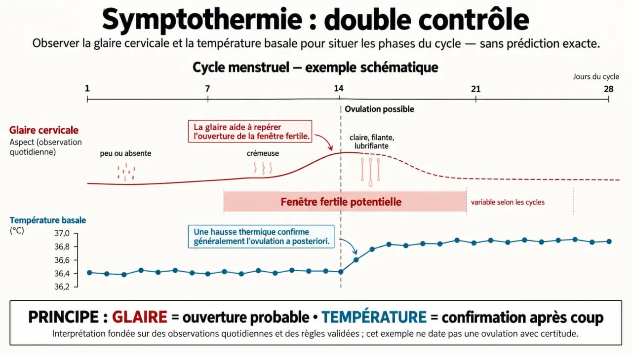 Schéma de la symptothermie contraception avec glaire cervicale, température basale et fenêtre fertile