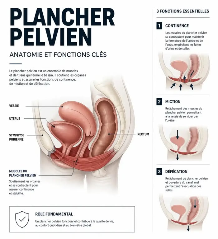 Schéma de pelvipérinéologie montrant le bassin, le périnée et les fonctions du plancher pelvien