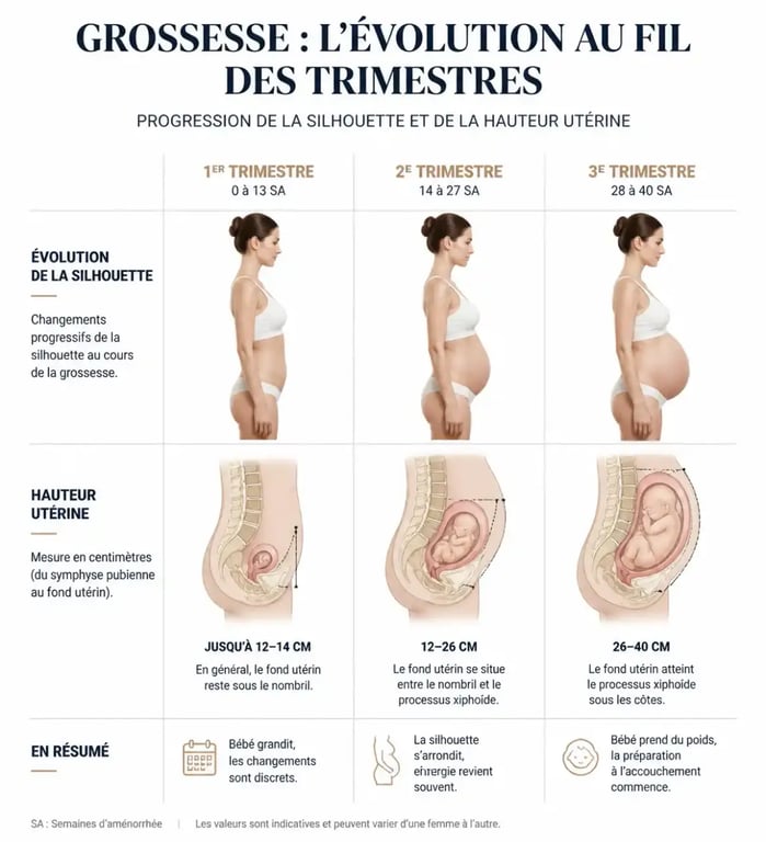 Infographie montrant l'évolution du ventre de grossesse mois par mois et la croissance utérine
