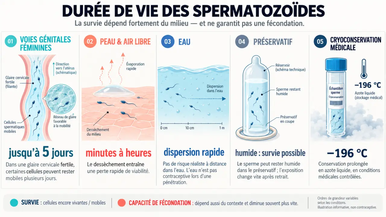 Infographie sur la durée de vie des spermatozoïdes selon le milieu : glaire cervicale, air libre, eau, préservatif et congélation
