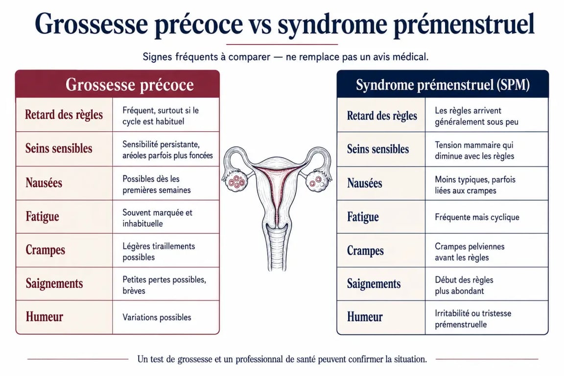 Tableau comparatif : signe grossesse 1 semaine vs syndrome prémenstruel