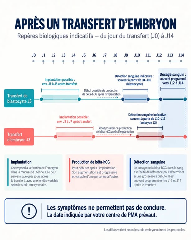 Infographie des repères à 7 jours après transfert d’embryon et de la timeline J0 à J14