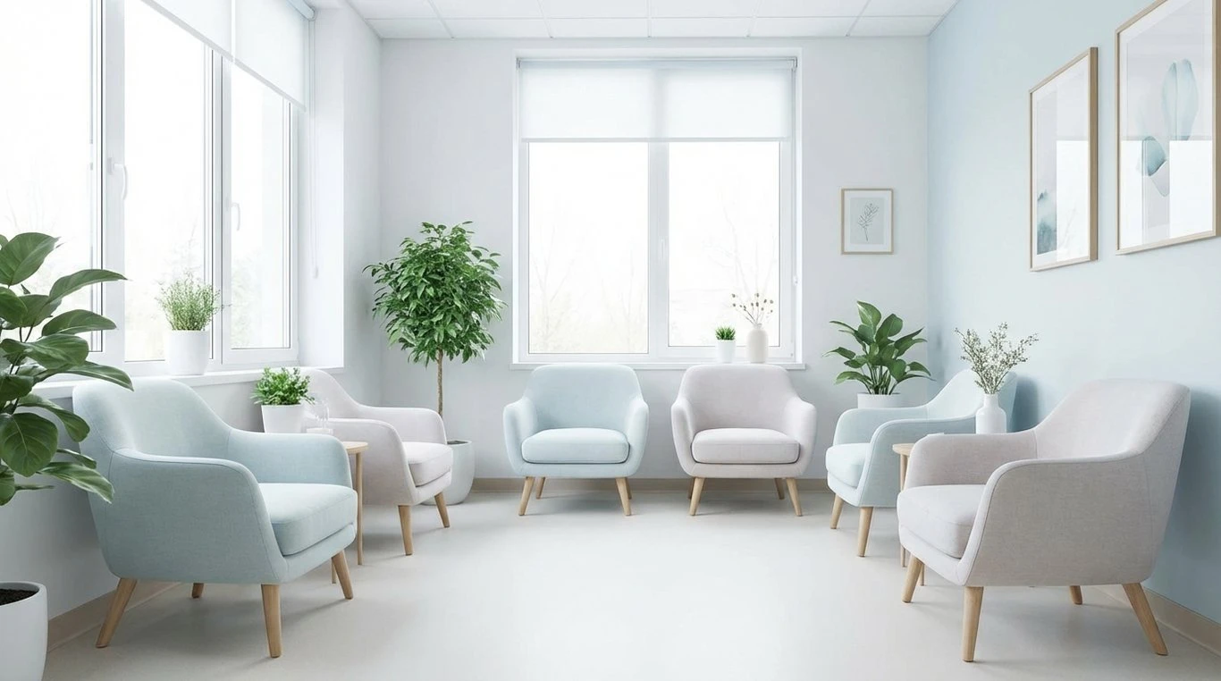Accueil de la clinique GyneLab, design moderne et bois clair