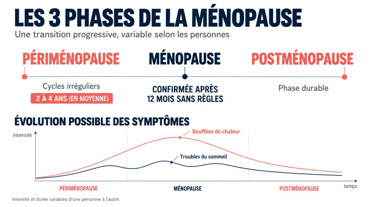 Infographie sur combien de temps dure la ménopause, de la périménopause à la postménopause