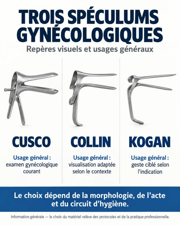 Appareil de gynécologie : comparaison visuelle des spéculums Cusco, Collin et Kogan