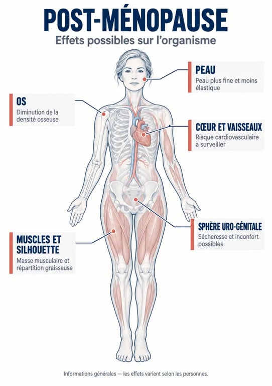 Effets de la post ménopause sur les os, le cœur, les muscles, la peau et la santé uro-génitale