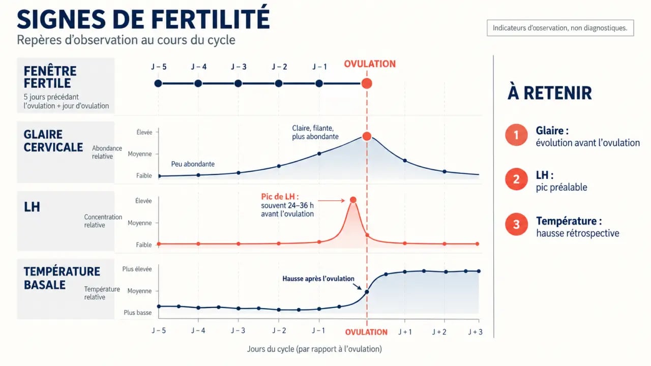 Infographie des signes de fertilité chez la femme et de la fenêtre fertile autour de l'ovulation