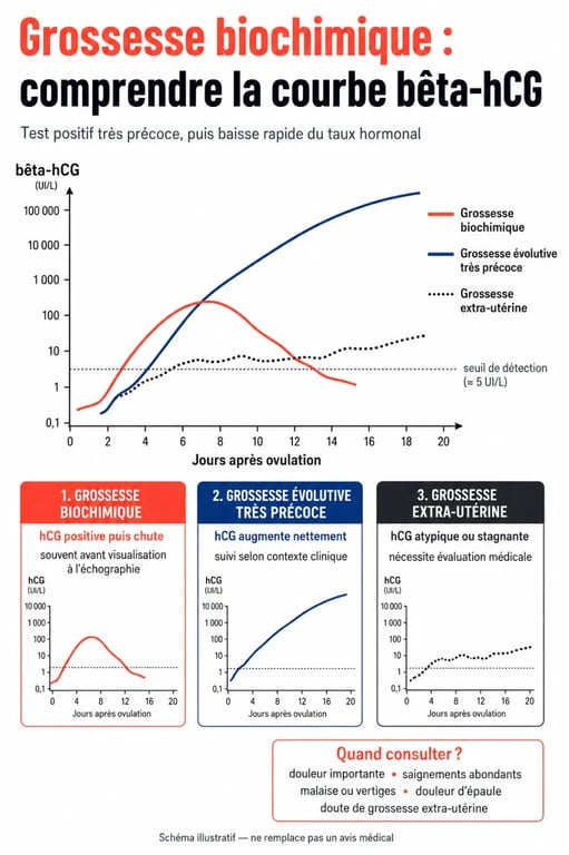 Infographie sur la grossesse biochimique avec courbe bêta-hCG et comparaison des situations