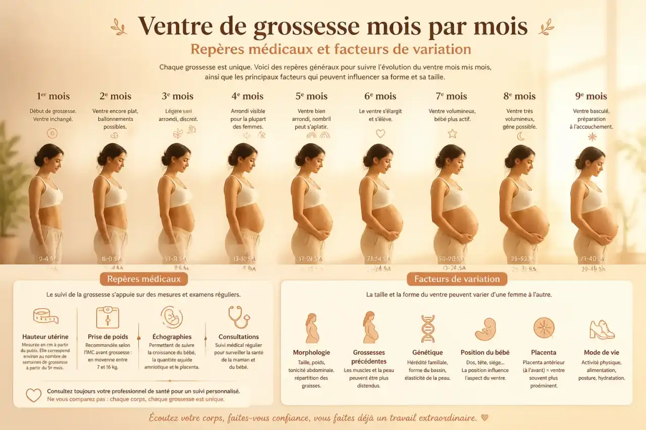 Ventre de grossesse mois par mois : repères médicaux et facteurs de variation