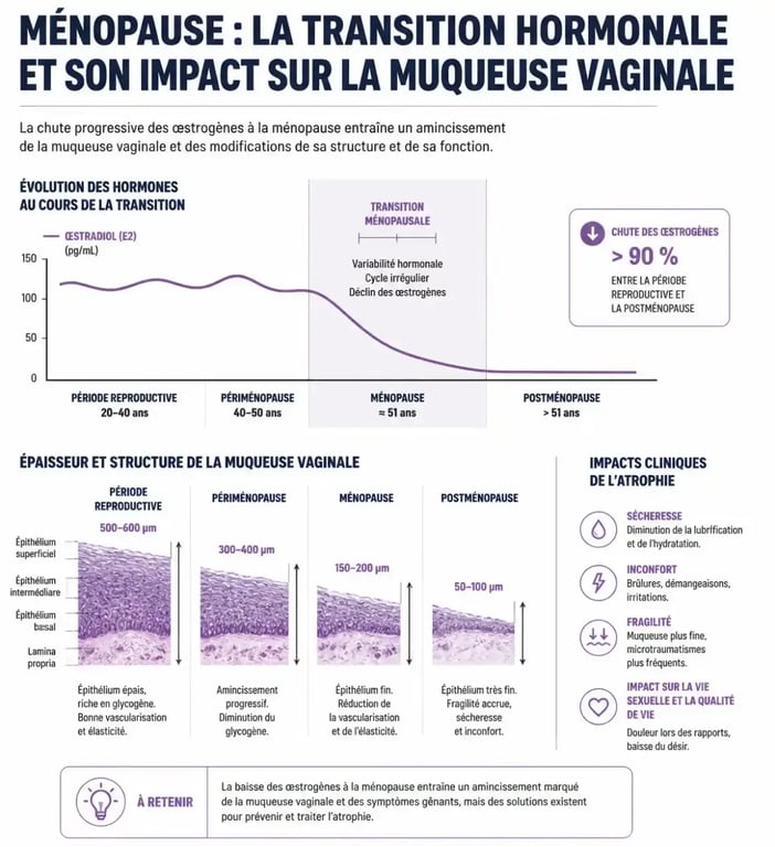 Schéma explicatif des changements physiologiques et des pertes blanches à la ménopause