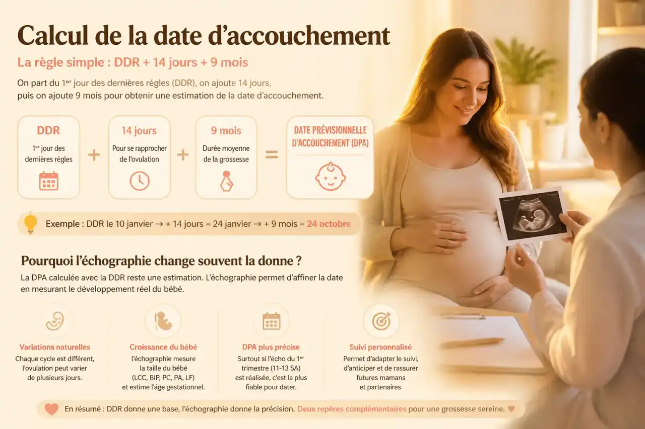 Calcul date accouchement : DDR + 14 jours + 9 mois, et pourquoi l'échographie change souvent la donne