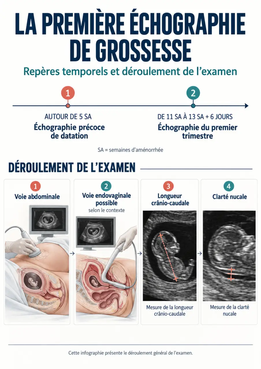 Infographie sur la première échographie de grossesse, sa période entre 11 SA et 13 SA + 6 jours et ses principales étapes
