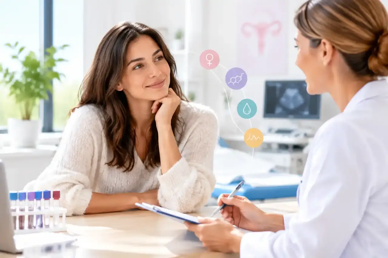 Patiente échangeant avec une professionnelle de santé au sujet d'un bilan hormonal